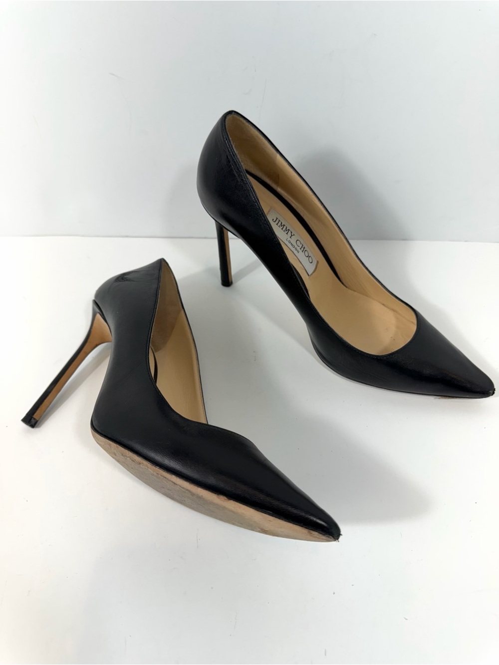 Jimmy Choo Black Leather Pointed Toe Stiletto Pumps Heels Size 38.5 Italy